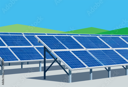 A field of solar panels, with a light blue sky and two green hills in the background