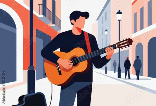 Illustration of a street musician playing a guitar in an urban setting, with minimalist figures and architectural details