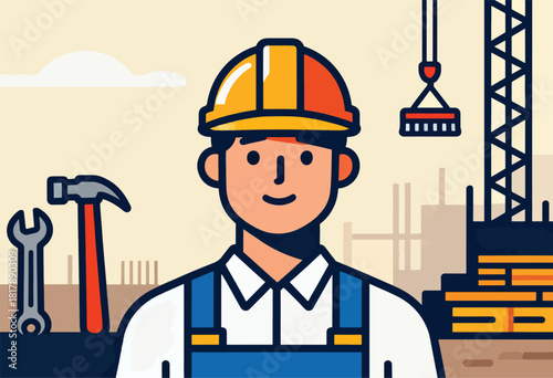 A cartoon construction worker in a hard hat smiles, with tools, crane, and building elements in background