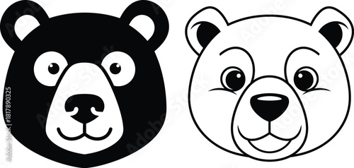 Charming cartoon bear head illustration in both silhouette and outline styles for kids projects