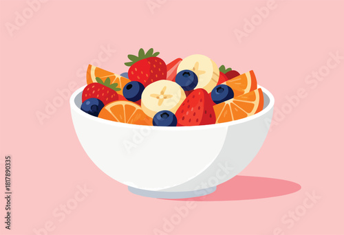 A white bowl overflowing with vibrant fruit like strawberries, blueberries, oranges, and bananas, on a pink background
