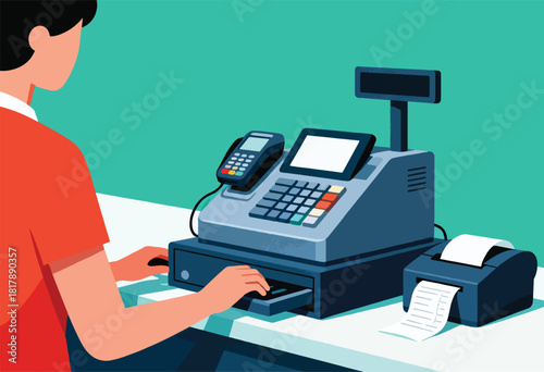 Illustration shows a cashier using a cash register. A card reader and printer are nearby. The scene is two-toned