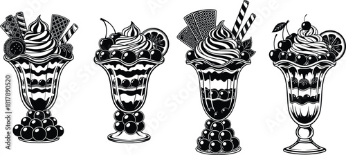 Collection of gourmet ice cream sundaes with whipped cream, fruits, and wafers in classic dessert glasses