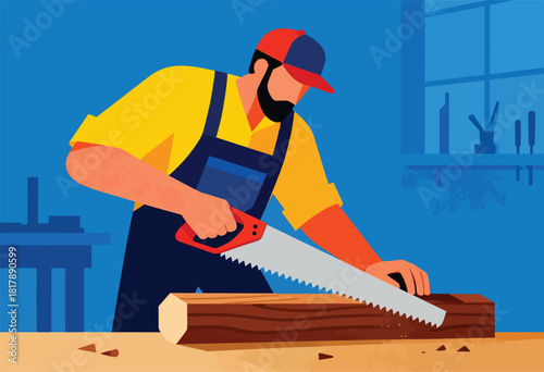 A carpenter, in overalls and a cap, uses a hand saw to cut a log on a workbench in a workshop