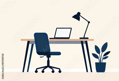 Simplified illustration of a desk scene.  Laptop, chair, lamp, and plant are featured. Blue and beige tones. Clean lines