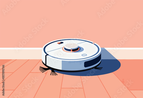 An illustration depicting a robotic vacuum cleaner on a wooden floor, with a modern, flat-color style