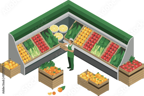 Isometric grocery store produce section illustration featuring fresh fruits, vegetables, market crates and worker arranging items for supermarket retail design