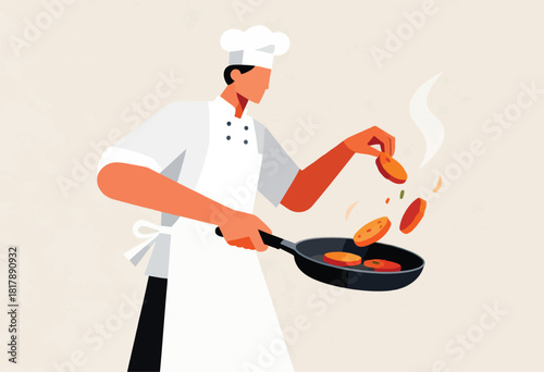 An illustrated chef, wearing a toque and apron, flipping food in a pan, steam rising