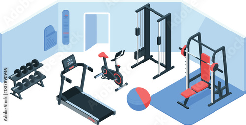Isometric modern gym interior illustration featuring treadmill, weights, exercise bike, cable machine, bench and workout equipment for fitness training designs