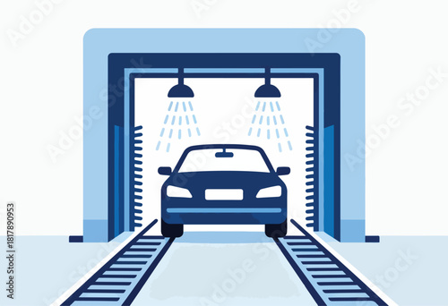 A front-view illustration of a dark blue car inside a car wash bay, with overhead spray