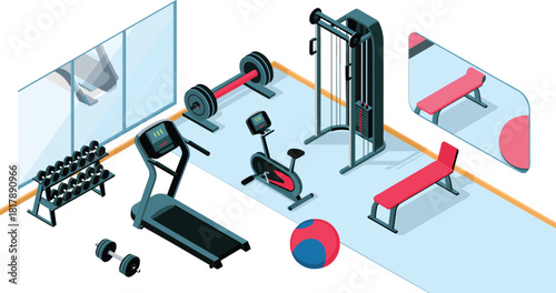 Isometric modern gym interior illustration featuring treadmill, weights, exercise bike, cable machine, bench and workout equipment for fitness training designs