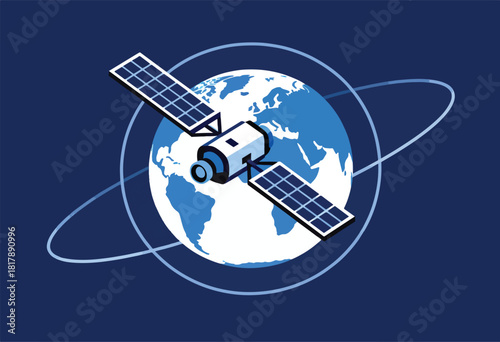 An illustrated satellite orbits a blue Earth, with lines representing its orbital path, all on a dark blue background