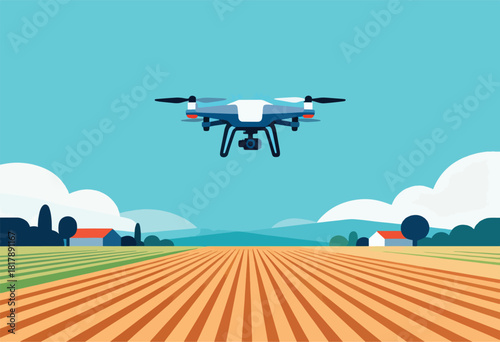 A drone hovers over a cultivated field with farm buildings and trees under a clear blue sky
