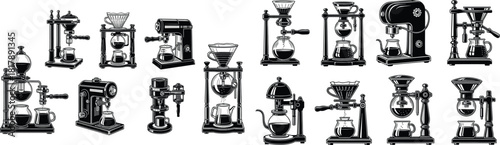 Diverse collection of vintage coffee brewing machines and various equipment for making hot beverages
