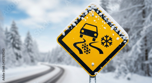 Be cautious driving in slippery winter conditions, icy roads ahead, drive slow and safe, yellow warning sign with snow, winter season travel warning