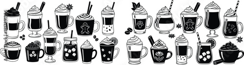 Diverse vector collection of various hot and cold coffee drinks served in different cups with toppings