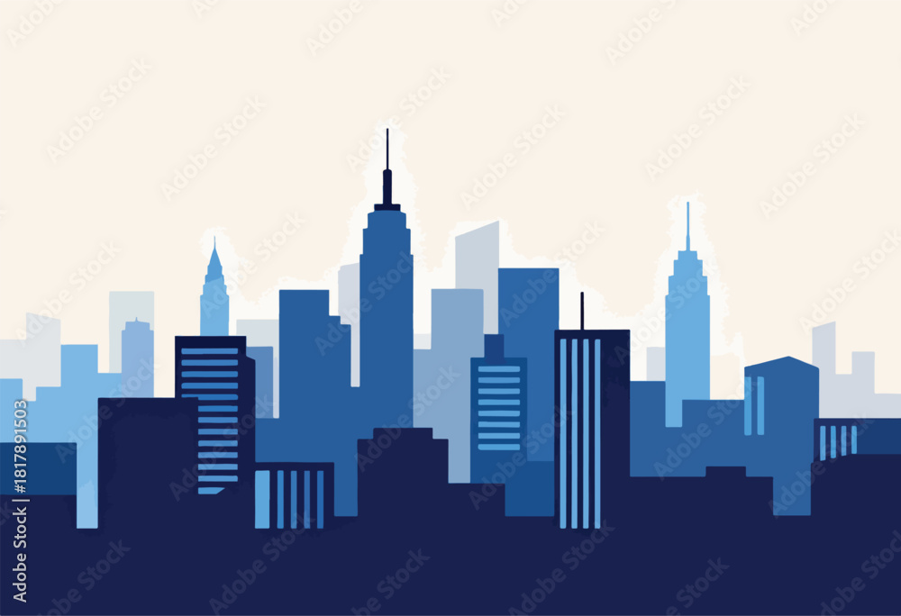 Fototapeta premium Silhouette of a cityscape with varying shades of blue, tall buildings in a flat, illustrative style