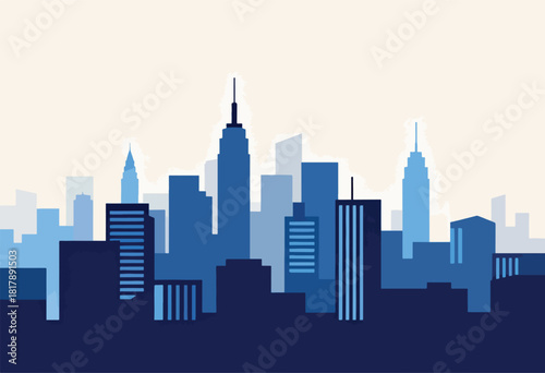 Silhouette of a cityscape with varying shades of blue, tall buildings in a flat, illustrative style