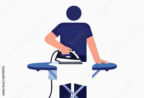 A stylized figure irons a white shirt on an ironing board. Arms and board are blue, person is dark