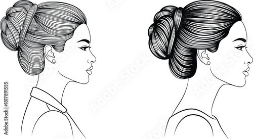 Elegant female profile portraits showcasing classic updo bun hairstyles in a clean line art style