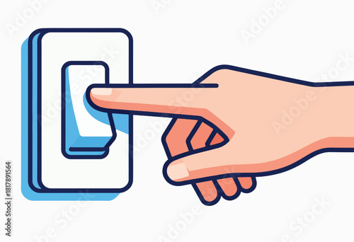 A hand presses a light switch. The image features a stylized illustration in vibrant colors on a white background