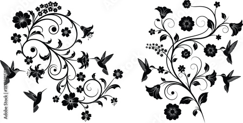 Elegant floral scrolls with blooming flowers and small flying hummingbirds, creating a graceful botanical scene
