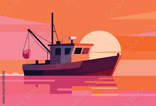 A stylized fishing boat at sunset, with a muted palette of orange, pink, and purple. The sun sits behind