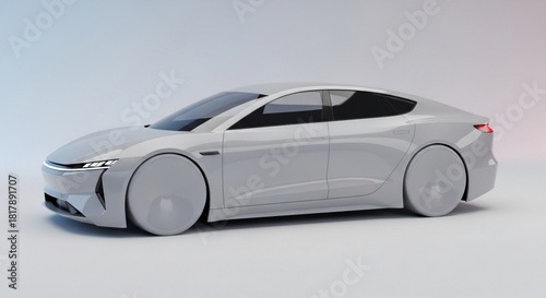 Sleek white electric car with covered wheels in a studio setting.
