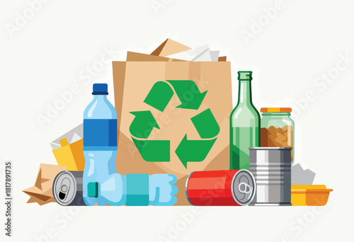 Illustration of various recyclable items, including bottles, cans, paper, and glass, with a recycling symbol