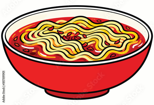 A vibrant bowl of ramen with noodles, red broth, and chili flakes. Illustration with bold lines