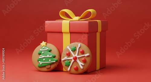 Festive Christmas gift box with gingerbread cookies, bringing holiday cheer and sweet wishes, perfect for greeting cards or holiday promotion material