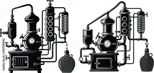 Intricate distillation apparatus featuring glass components and gauges for scientific or alchemical liquid processing