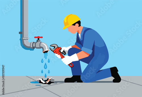 A plumber, kneeling and holding a wrench, works on a leaky pipe with water dripping. Floor below. Blue background