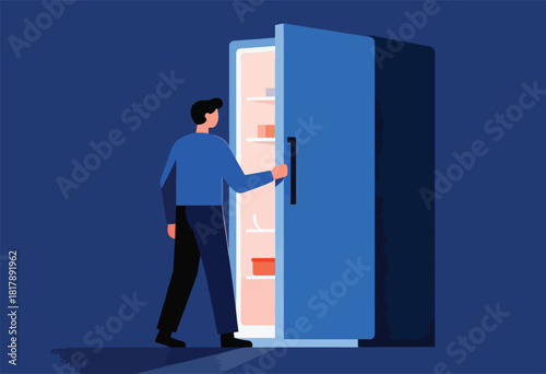 A man in a blue shirt and black pants opens a blue refrigerator. Inside are shelves with food items