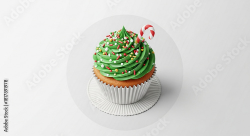 Festive Christmas cupcake with green frosting and candy cane, delicious holiday treat that brings joy and sweetness to any occasion, perfect for celebrations