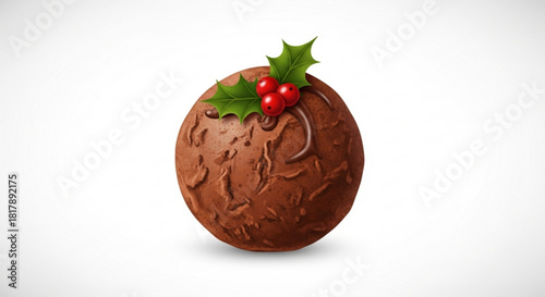 Festive chocolate truffle with elegant holly and berries for holiday treats and seasonal desserts, perfect for Christmas menus and winter celebrations