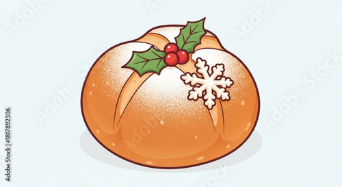 Festive Christmas bread, adorned with a delicate snowflake and vibrant holly sprigs, perfect for holiday promotions and seasonal baking projects, scalable vector