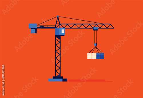 A stylized crane graphic against an orange backdrop. The crane is blue, and lifting a box of white and blue blocks