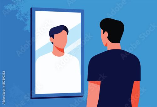 A person in a navy shirt observes their reflection in a mirror, facing towards the mirrored image