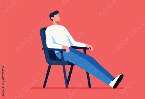Minimalist illustration of a person relaxed in a chair, set against a solid red backdrop