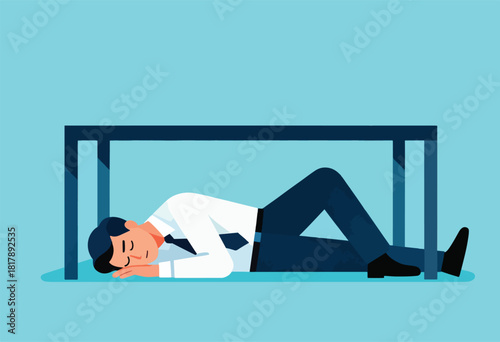 A person in business attire lies under a table, possibly in a work environment, with a calm expression