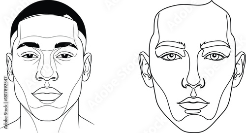 Stylized line art illustration of two distinct male faces, featuring geometric lines for facial structure