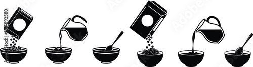 Step by step process of preparing breakfast cereal with milk pouring into a bowl