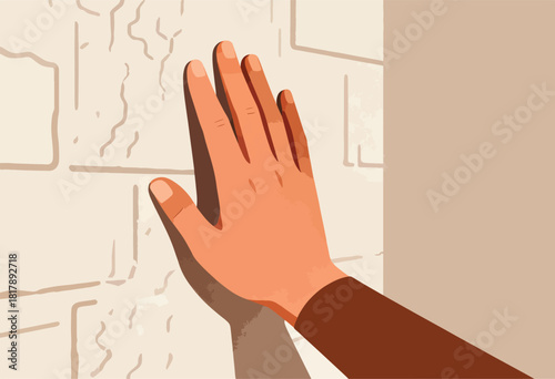 A human hand gently touches a textured, beige wall, casting a shadow. The arm extends to the bottom of the frame