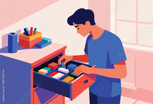 A person in a blue shirt is opening a drawer with colorful cubes. Other items are on a cabinet