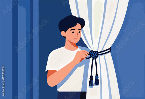 A person tying a curtain with a knot, the scene features blue walls and curtains, with a minimalistic style
