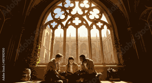 Young scholars intently study an old book together in a magnificent, sun-drenched gothic hall, illuminated by a grand, intricate window.