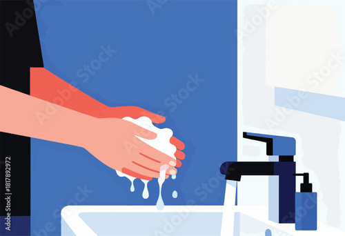 A graphic illustration shows hands washing in a sink with water flowing. The focus is on hygiene practices