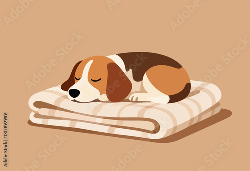 A cartoon beagle sleeps peacefully curled up on a folded striped blanket. The background is a solid color