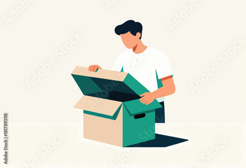 An illustrated person opening a two-tone cardboard box. Simple lines and colors. Vector style. Neutral background